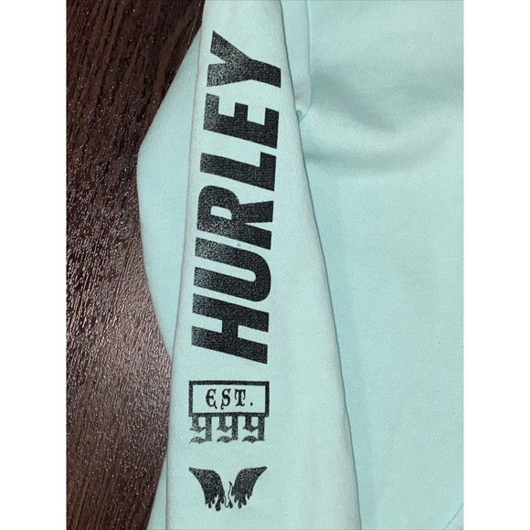 RARE Hurley Worldwide Hoodie Surf & Enjoy Est. 999 Sweatshirt Sea Green Palm - Picture 3 of 8